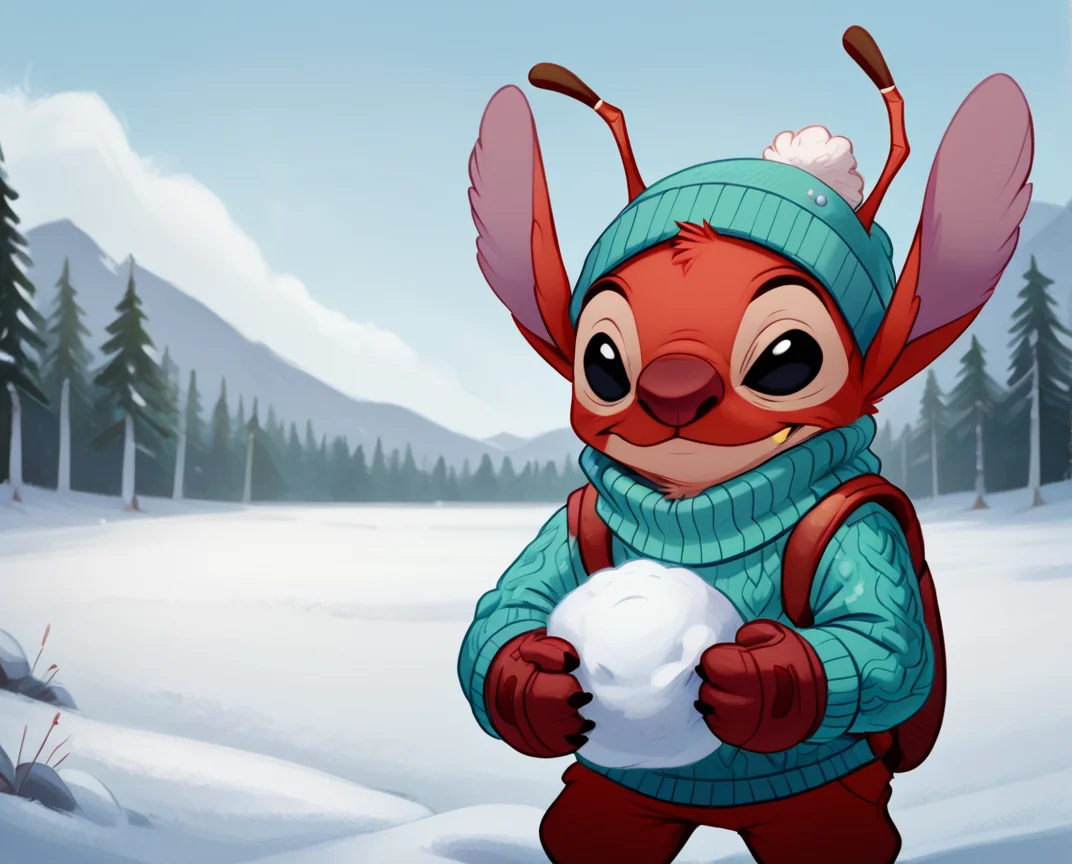 score_9, score_8_up, score_8, <lora:Leroy_aka_Experiement_627_Leroy_and_Stitch_for_PonyXL:0.8> 1boy, furry, antennae, ler0y, solo, black eyes, solo, snow, outdoors, sweater, beanie, mittens, snowball