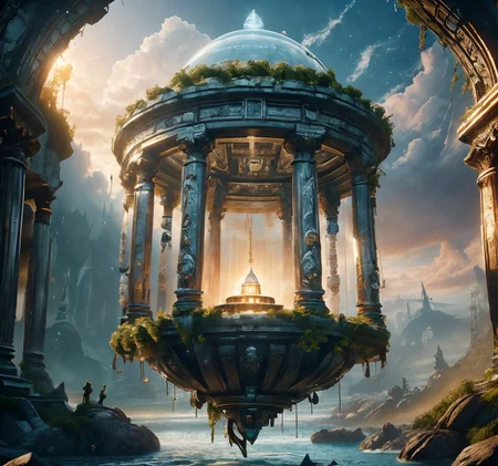 RAW photo, (masterpiece:1.3), subsurface scattering, heavy shadow, (high quality:1.4), (intricate, high detail:1.2), professional photography, HDR, High Dynamic Range, realistic, ultra realistic, photorealistic, high resolution, film photography, ambient lighting, atmospheric effects, <lora:detail_slider_v4:2>, OverallDetail, <lora:Magical_Place:1>, cloudy sky, fantasy, floating island, small temple