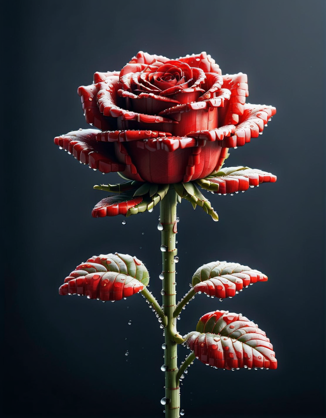 An ais-wdnblcks single red rose in full bloom, with realistic morning dew drops on its petals <lora:ais-wdnblcks-sdxl:1>