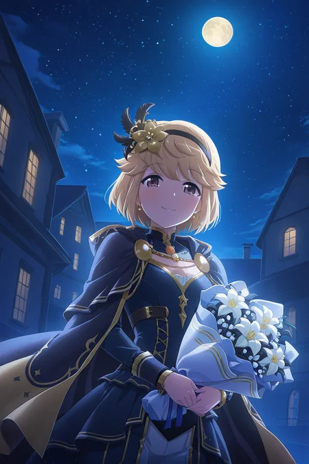 masterpiece, best quality, amazing quality,
 <lora:Ryoko_IL:1> ryoko, night, blonde hair, flower, moon, 1girl, solo, bouquet, sky, night sky, short hair, looking at viewer, brown eyes, hairband, cape, moonlight, full moon, star (sky), smile, white flower, building, starry sky, hair ornament, alternate costume, holding, jewelry, flowersk