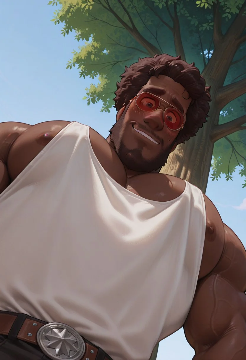 solo, 1 boy, male focus, bara, muscular, Biker (minions), male, dark brown afro hair, dark skin, very dark skin, Dark skinned male, red tinted aviator sunglasses, facial hair, beard, white tank top, blushing, embarassed, blushing, nervous smile, perfect anatomy, masterpiece, perfect quality, best quality, detailed, newest, very aesthetic, detailed muscle, muscular, big pecs, Thick Pecs, juicy pecs, hyper Pecs, detailed muscle, leaning against tree, Closer against tree, outdoors, grassy, dutch angle, perfect anatomy, pec pov \(meme\), 1boy, solo, male focus, mature male, looking at viewer, looking down, from below, upper body, close-up, nipples, nipple slip, large pectorals, pectoral focus, sidepec, tank top, white tank top, muscular, muscular male, bara, simple background,