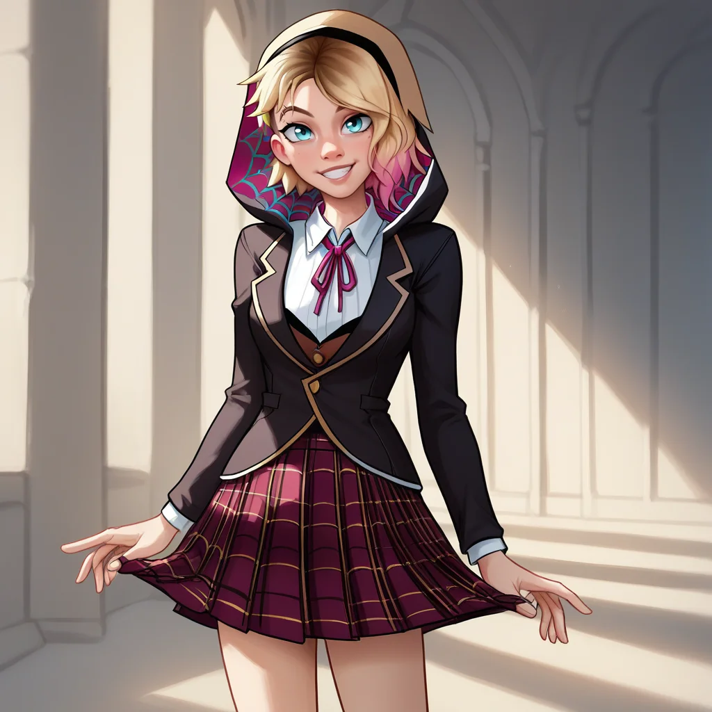 zPDXL2,score_9, score_8_up, score_7_up, score_6_up, score_5_up, score_4_up, solo, 1girl, looking at viewer, smile, <lora:Beacon_Uniform:0.8> b34cnun1, school uniform, plaid skirt gwen_stacy, spider-gwen