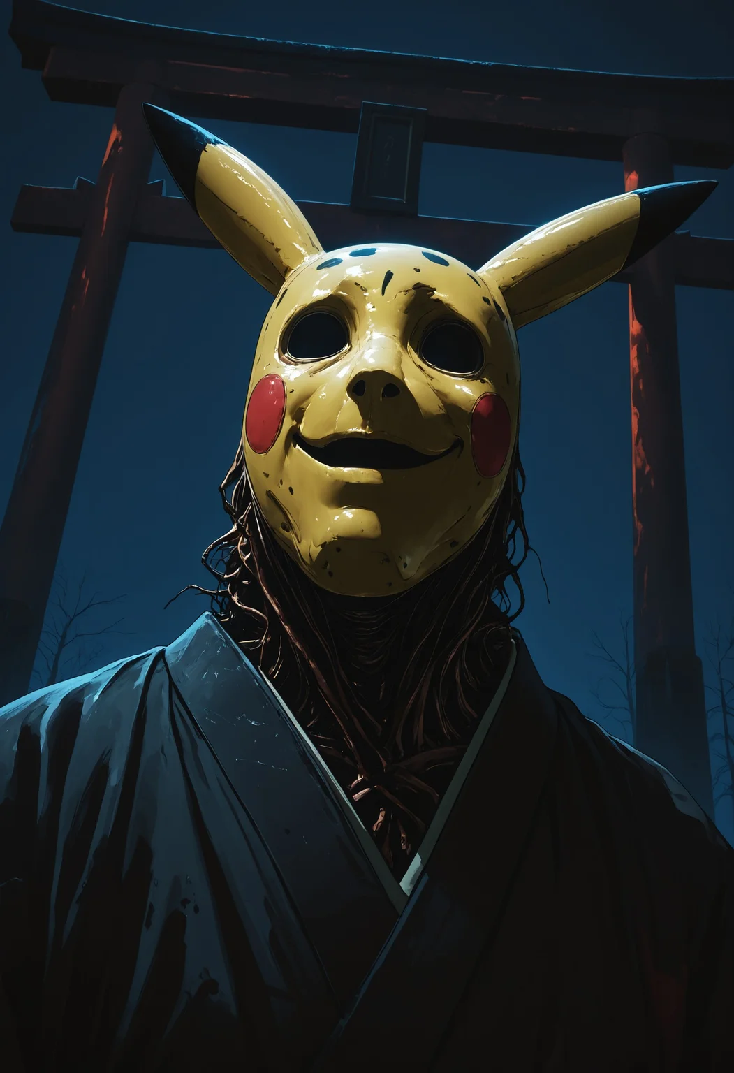 mcht2, solo, mask, pikachu mask, male focus, creepy, japanese clothes, 1other, torii, upper body, creepy smile, dark, kimono, no humans, dynamic dutch angle, detailed lighting, masterfully drawn, expressive, amazing quality, best resolution, very aesthetic, 4k, latest, , <lora:5446466b-cec5-48ee-8b09-f2b6d0993aab:0.9>