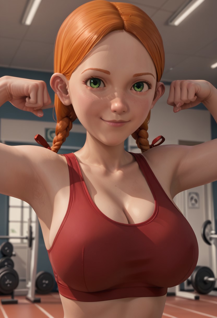 ((Inside gym background)),score_9, score_8_up, score_7_up,score_6_up, 
1girl, solo, Jenny_MH, light skin, ginger hair, green eyes, twin braids with red ribbons, red sports bra, red sports short, big eyes, tall stature, social smile, perfect eyes, perfect smile, looking at the viewer, big breasts, detailed eyes, perfect eyes, cute, standing, (front pose, bust shot, close up to face, face portrait:1) 5 fingers, perfect hands, flexing arm muscle
