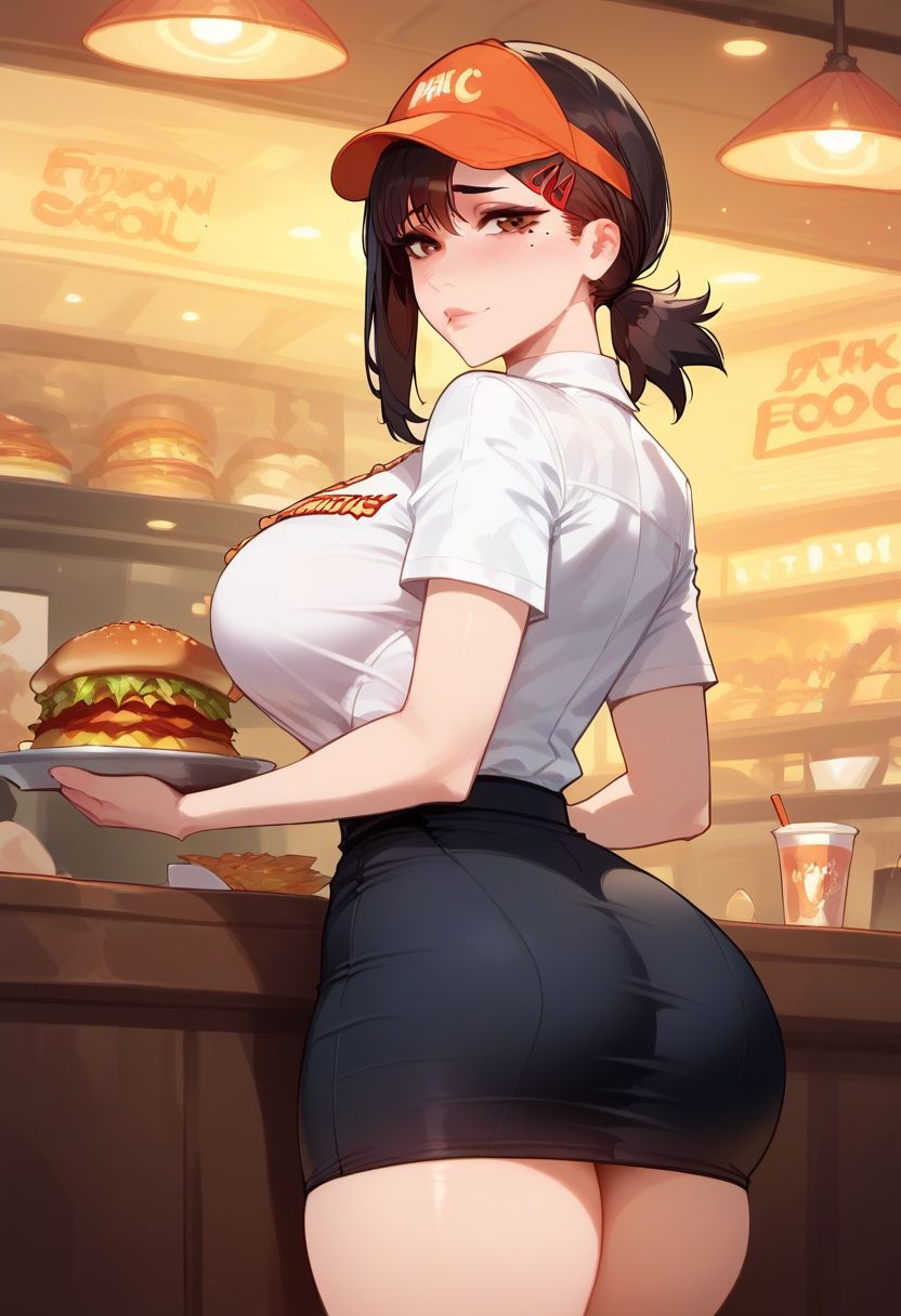 score_9, score_8_up, score_7_up, score_6_up, score_5_up, score_4_up, Expressiveh, 1girl, beautiful, sexy, cute, highres image, masterpiece, light-skinned male, perfect eyes, perfect face, 
kobeni higashiyama, black hair, hair ornament, hairclip, mole, ponytail, short hair, brown eyes,, solo, ass focus, big breasts, mac, employee uniform, fast food uniform, visor cap, short sleeves, clothes writing, white shirt, black pencil skirt, fast food restaurant, indoors, holding plates,