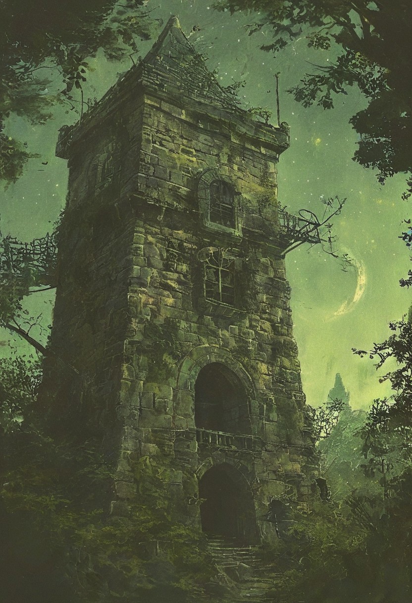 A secluded tower, ensconced in a foreboding, enchanted forest. Moonlight filters through the dense canopy, casting a silver glow on the tower's ivy-clad stones. At the top, a silhouetted figure gazes longingly at the stars, her presence a poignant reminder of the tower's secret. The forest whispers with the sounds of unseen creatures, adding a layer of mystery., 
in the style of 80s VHS tape dreamcore retro fantasy, nostalgic, dreamlike quality, VHS screen grab, film grain, static, blurriness, and subtle dust and dirt artifacts