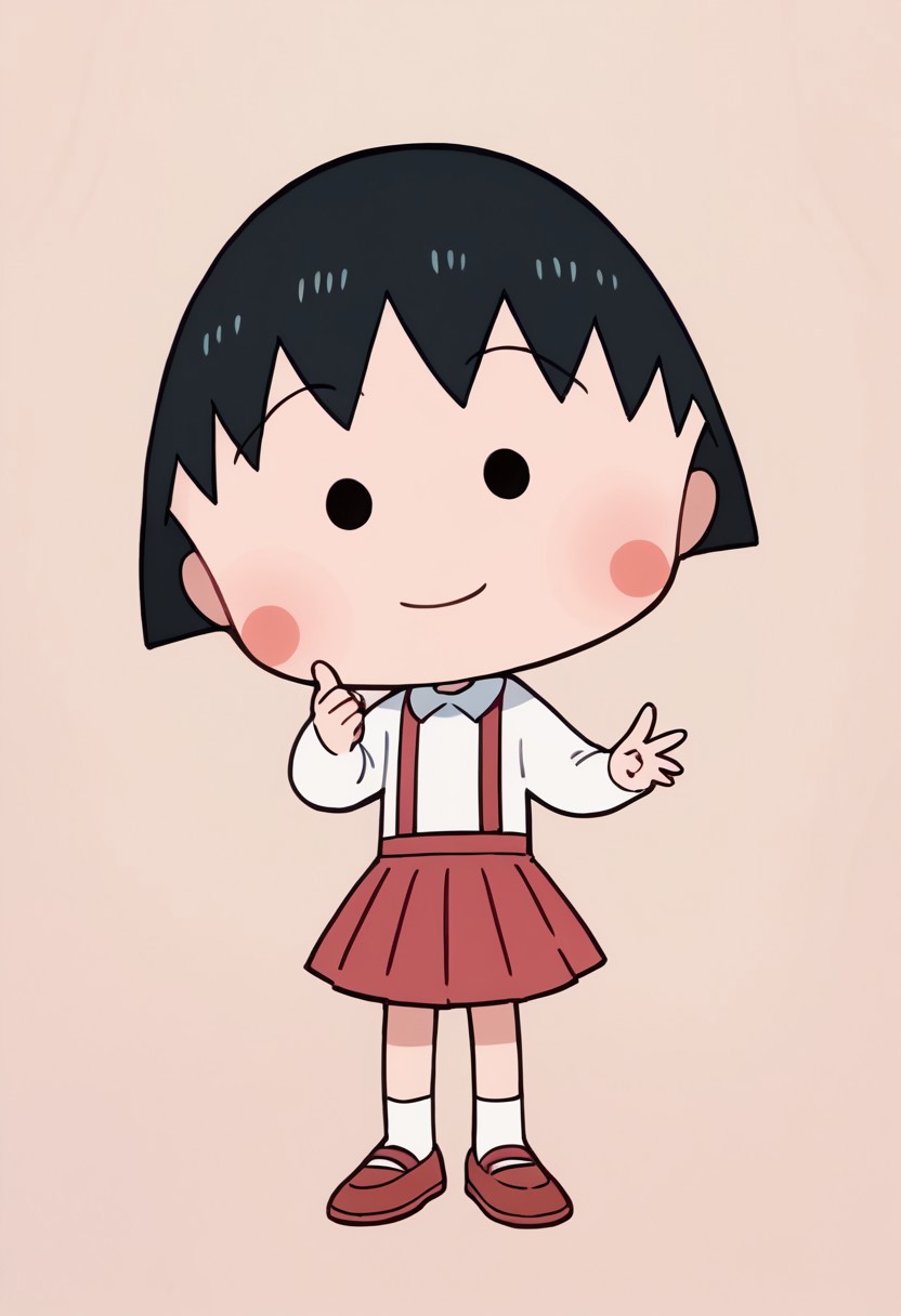 score_9, score_8_up, score_7_up BREAK ChibiMaruko, 1girl, black bobcut, black dot eyes, pink circle blush, long-sleeved white shirt, red suspenders, red pleated skirt, white socks, flat red shoes, smiling at viewer, full body,
