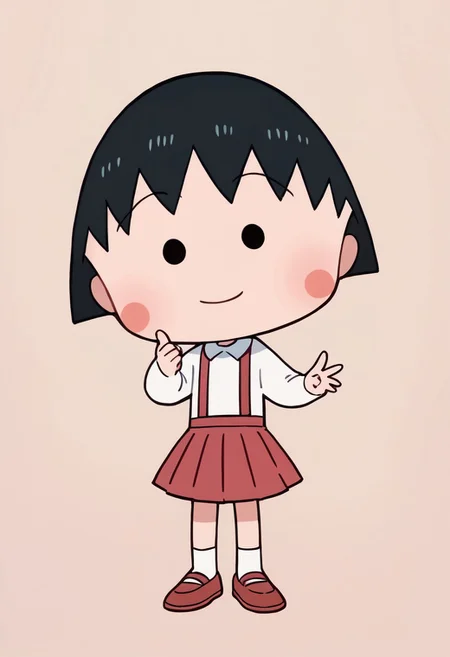 score_9, score_8_up, score_7_up BREAK ChibiMaruko, 1girl, black bobcut, black dot eyes, pink circle blush, long-sleeved white shirt, red suspenders, red pleated skirt, white socks, flat red shoes, smiling at viewer, full body,