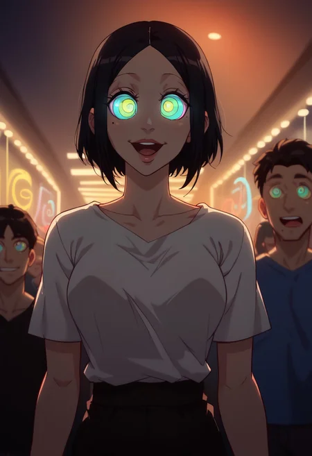 score_9, score_8_up, score_8_up, raw,
tsato, black hair, short hair, mole under eye, white t-shirt, black shorts,
arcan3styl3v1, blurry background, depth of field, indoors, night club, crowd, blurry crowd, colored lighting, strobe lights, lasers, neon, screens, cowboy shot, kneeling, mouth open, wide eyes, ((kaa eyes)), (goofy smile:0.6),
43stl1ght1ng, low light, dramatic lighting, darkness,
