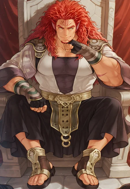 masterpiece, best quality, newest, extreme detail description, amazing quality, solo, 1boy, muscular male, large pectorals, Skri_FE, red hair, yellow eyes animal ears, face mark, facial hair, stubble, black undershirt, white shirt, multicolored shirt, shoulder pads, black pants, belt, open footwear, fingerless gloves, sitting on throne, resting face in hand, straight-on, looking at viewer, pov, smile, closed mouth