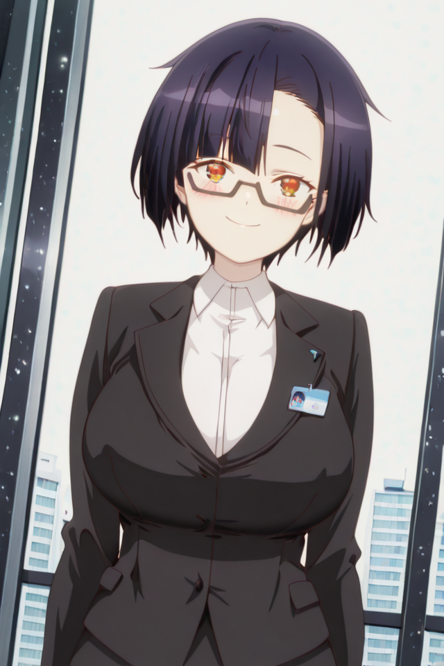 PonyScores, Expressiveh, (score_9, score_8_up, score_8, ASCII score_9), Rating 9, Rating 8, Rating 7, (Nias Carlin), source_anime, rating_safe, masterpiece, best quality, good quality, newest, outdoors background, glitter, smile, (1girl), (solo), anime coloring, cowboy shot, ((standing)), ((looking at the viewer)), close-up, (big breasts), large breasts, (upper body), (natural beauty), seductive smile, detailed backgrounds, extremely detailed CG, extremely detailed face, detailed Lora, focused subject, (ultra detail eyes), (beautiful sexy female), seductive smile, (iper detailde eyes), (ultra detail eyes), (beautiful eyes), detailed backgrounds, (detailed eyes), (perfect eyes), (Detailed pupils, intricate pupil details, defined pupils, Intricate iris details, defined iris), (large expressive eyes), (big expressive eyes), blush, ExpressiveH, <lora:Im_the_Evil_Lord_of_an_Intergalactic_Empire_-_Nias_Carlin:1>, orange eyes, purple hair, short hair, asymmetrical bangs, semi-rimless eyewear BREAK black jacket, white shirt, black pencil skirt, outdoors, indoors, light particles, cowboy shot, smile, looking at viewer, dutch angle, <lora:NiasCarlinillusApexAi:1>, nude, naked, cosplay,