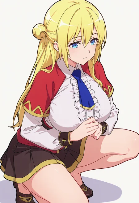 Smooth Quality,masterpiece,very intricate, high quality details, ultra realistic, high detailed skin,detailed enviorement,absurdres,
shaka sign,solo,
<lora:Enome_CNR:0.8> enome_cnr, blonde hair, blue eyes, long hair, large breasts, hair between eyes, white shirt, blue necktie, collared shirt, long sleeves, skirt, capelet, necktie, center frills,single hair bun, half updo,, simple background, white background, dynamic angle,
crouching, hands together, foot forward, intense, ready, ,, 0w0,