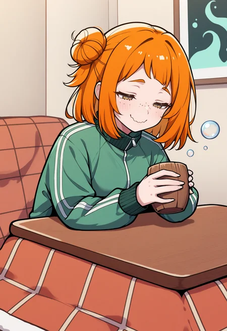 masterpiece, best quality, abstract, 1girl, solo, two-handed, holding cup, wooden cup, kotatsu, green jacket, track jacket, ginger hair, freckles, medium hair, single side bun, bubbles, half closed eyes, wide smile, wavy mouth, indoors, living room, sitting