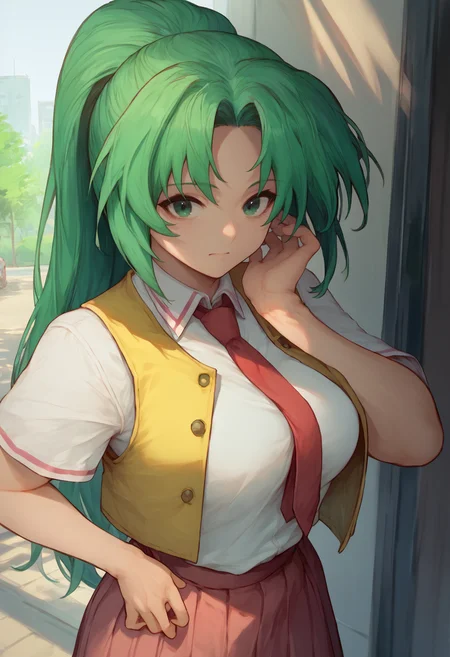 score_9, score_7_up, 1girl, <lora:Cutesexyrobutts -000047:1> <lora:MionCAME2:1> Mion Sonozaki, green eyes, ponytail, green hair, white shirt, red necktie, yellow vest, red skirt,