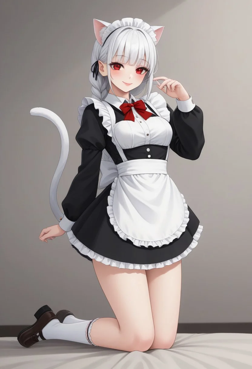 1girl, anime, Whirte hair, braid on the side hair, bangs, medium long hair, White cat ears, Fluff in ears, white cat tail, white skin, small boobs, wide hips, maid outfit , ankle socks, red eyes, semi close eyes , smile, lipstick , blush easynegative,ng_deepnegative_v1_75t