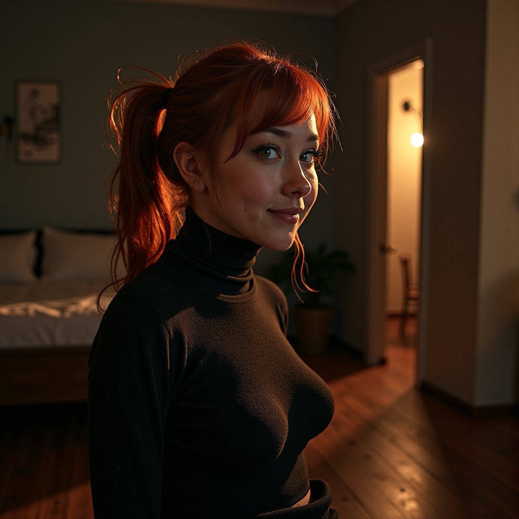 A photo-realistic masterpiece, (1:00 am) very dark night, sodium street lights, dramatic lighting with long shadows, sinfully stylish, Rembrandt lighting, photorealistic, sharp focus, profile headshot, 1girl 36 years old, mature woman, long skirt,  turtleneck sweater, wrinkles, freckles, (chubby body:1.7), red hair, (ponytail: 1.3), Thick Eyelashes, (realistic skin texture: 1.3), dark green eyes, sparsely decorated apartment, wood floor, in the bedroom, confident, hopeful, wearing a (black nightie). (loving, expectant smile: 1.5)