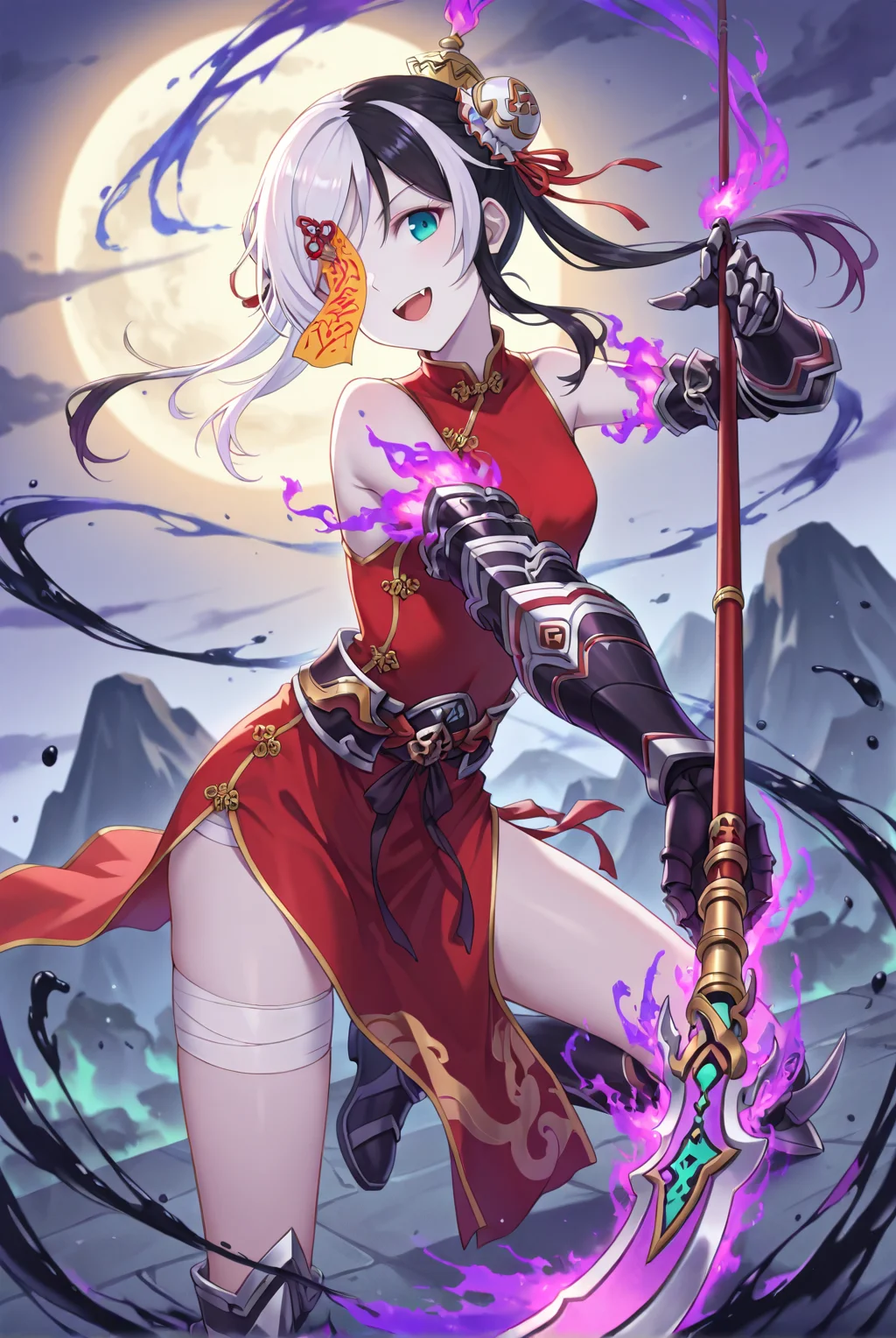 zPDXL3,score_9,score_8_up,score_7_up,source_anime,rating_safe BREAK masterpiece,highres,best quality,high quality,dramatic angle,cinematic lighting,1girl,<lora:ShadowverseFightingJiangshi_Noob05_V2:1> ,black hair,hairbun,hair ornament,gold trim,decorations,ribbon,ofuda over one eye,purple eyes,aqua eyes,heterochromia,one eye covered,see-through,white hair,multicolored hair,:d,upper teeth,china dress,red dress,sleeveless,bandages,gauntlets,spikes,belt,bandaged leg,armored boots,incoming attack,leg up,moon,clouds,mountains,scenery,turning head,head tilt,leaning on weapon,polearm,weapon,purple flames,fang,sideways glance,depth of field,dutch angle,ink splash,ink painting,pale skin,colored skin,green flames,(ink \(medium\),zhongguo_hua:1.8)