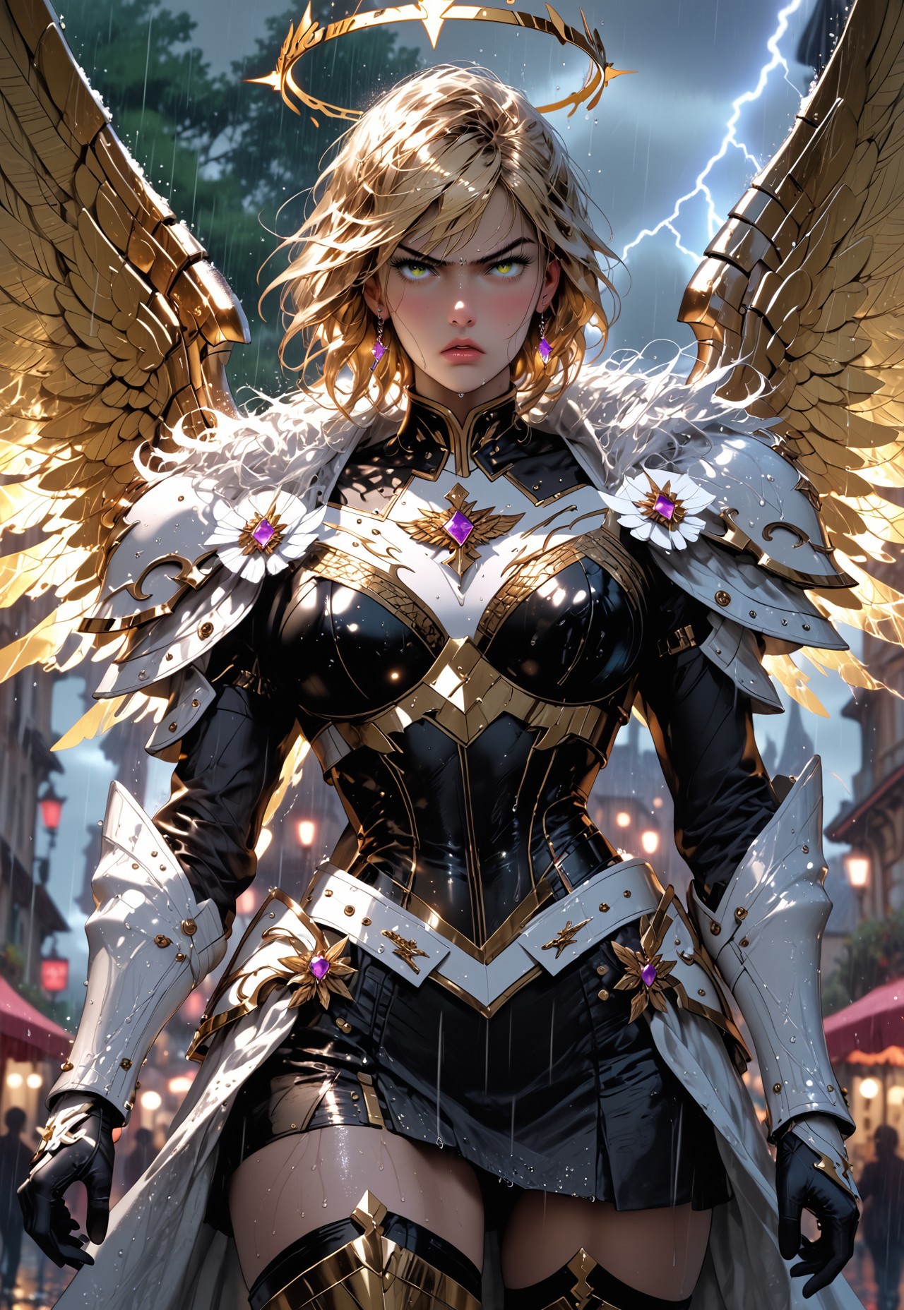 safe_pos, 1girl, sfw, gorgeous, freckles, shiny wet skin, detailed skin, detailed face, fierce:2, angry, intense glare, arched back:2, dynamic pose:2, perfect eyes, eye contact, black pupils:1.5, piercing gaze, glowing eyes, enormous valkyrie wings:2, flaming halo, decorative mystic armor, huge wings:2, action pose, slight cleavage:0.2, slight skin:0.5, armored skirt:2, flowing cape, intricate armor, shiny armor, perfect hands:2, perfect fingers, eyeliner, relaxed hands, covered breasts, thigh highs, leggings, armored boots, armored thighs, exposed neck, exposed collar bones:1.5, exposed lower thigh, showing slight leg,
BREAK
public place:2, outdoors, rain, rainy day, dark sky, dusk, lightning strike:2, stormy sky, lightning in sky, huge valkyrie wings behind her, 
BREAK
score_9, score_8_up, score_8, masterpiece, best quality, official art, extremely detailed, absurdres, high definition, photorealism, detailed shading, high contrast, ambient occlusion, 
BREAK
dynamic angle:1.5, cowboy shot:1.5, focus face, 

expressiveh, g4n1m3, comicbookpage style, mythp0rt, 
