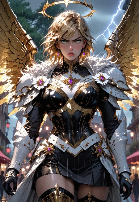 safe_pos, 1girl, sfw, gorgeous, freckles, shiny wet skin, detailed skin, detailed face, fierce:2, angry, intense glare, arched back:2, dynamic pose:2, perfect eyes, eye contact, black pupils:1.5, piercing gaze, glowing eyes, enormous valkyrie wings:2, flaming halo, decorative mystic armor, huge wings:2, action pose, slight cleavage:0.2, slight skin:0.5, armored skirt:2, flowing cape, intricate armor, shiny armor, perfect hands:2, perfect fingers, eyeliner, relaxed hands, covered breasts, thigh highs, leggings, armored boots, armored thighs, exposed neck, exposed collar bones:1.5, exposed lower thigh, showing slight leg,
BREAK
public place:2, outdoors, rain, rainy day, dark sky, dusk, lightning strike:2, stormy sky, lightning in sky, huge valkyrie wings behind her,
BREAK
score_9, score_8_up, score_8, masterpiece, best quality, official art, extremely detailed, absurdres, high definition, photorealism, detailed shading, high contrast, ambient occlusion,
BREAK
dynamic angle:1.5, cowboy shot:1.5, focus face,
expressiveh, g4n1m3, comicbookpage style, mythp0rt,