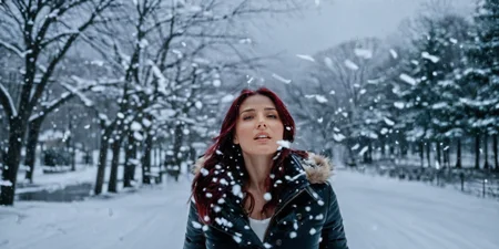 A realistic scenery photo, upper body shot of a woman with falling snow, trees without leaves, snowing, winter, hvsnw, <lora:Heavy_Snow:1>. Highest quality, best resolution, epic cinematic lighting