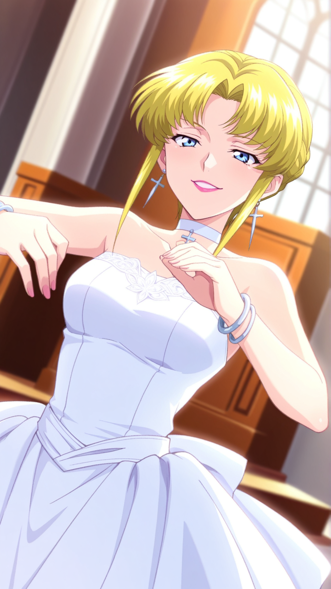 source_anime, general, best quality, masterpiece, 1girl,  <lora:Simone_Curian_ill_v1.0:1> simone_curian\(srw\),blue eyes, blonde hair, short hair,sidelocks,earrings, jewelry, choker, lipstick, bare shoulders, cross earrings, bracelet, wedding dress,chapel, happy, (smug:0.7),   dynamic pose, dutch angle,