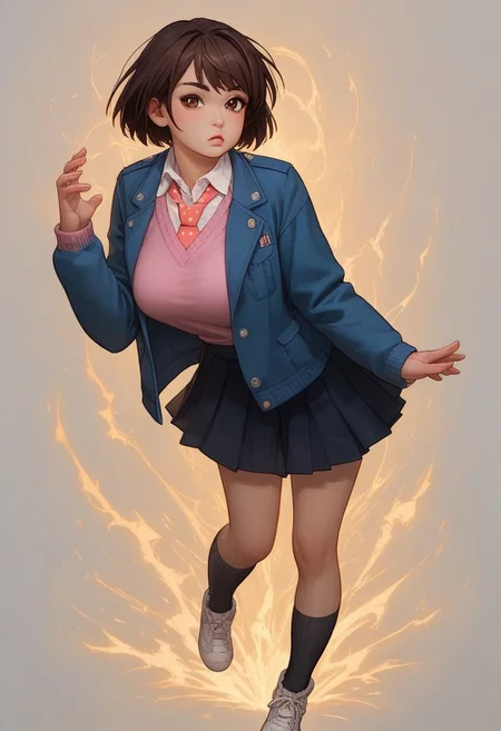 score_9, score_8_up, score_8_up, Expressiveh, godrays, g0thicPXL, glowing, neon, tight detailed clothing, large breasts, pinup pose, seductive pose, dynamic pose, confused, 1girl, hinase hotaru, (/A Condition Called Love)/, (ultra HD quality details), dark brown hair, short hair, (brown eyes), shirt, collared shirt, white shirt, jacket, blue jacket, skirt, gray, skirt, pleated skirt, red necktie with white polka dot, sweater, pink sweater, socks, navy socks, white sneakers