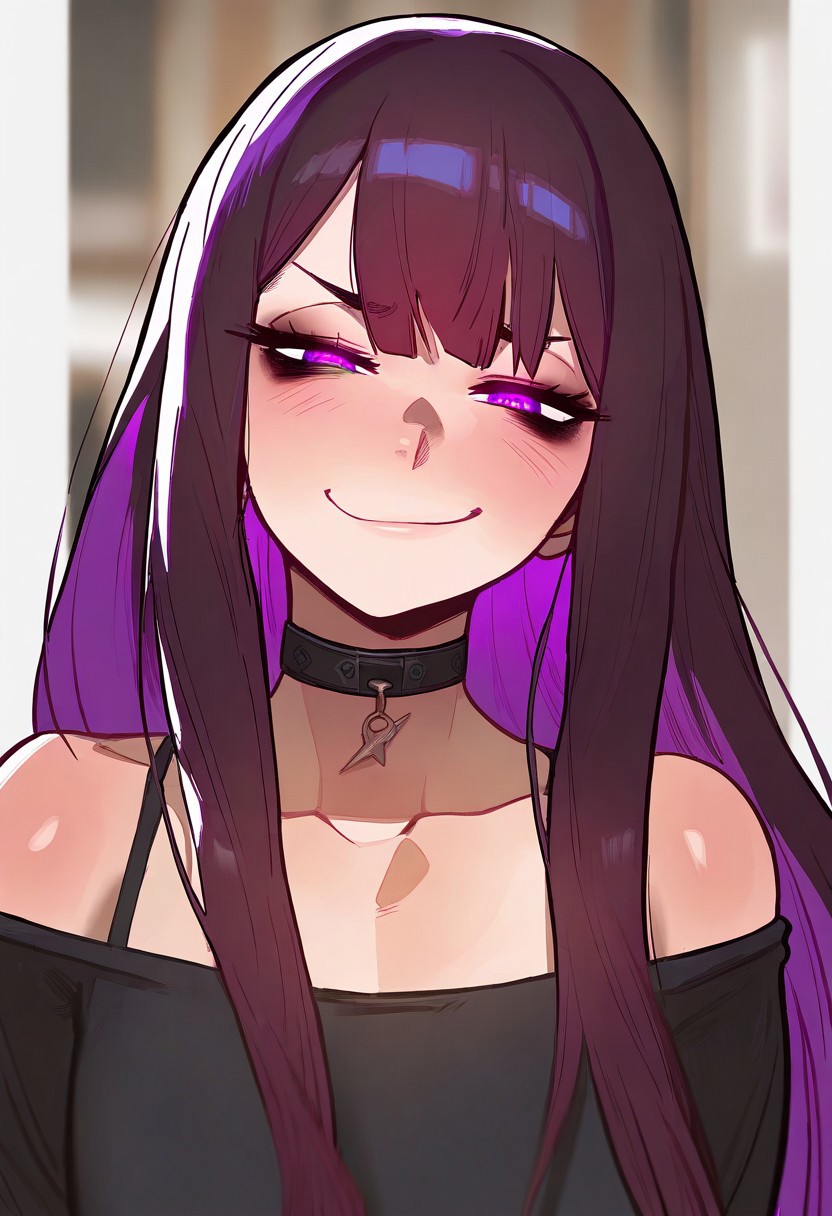 COOLSY, MXSTL, masterpiece, best quality, very aesthetic, high resolution, ultra-detailed, absurdres, newest, extremely detailed eyes, 1girl, female, solo, upper body, looking at viewer, smug, smirk, smile, long hair, purple hair, goth, choker, blurred background