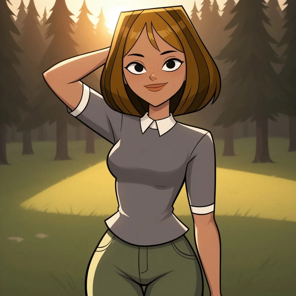 score_9, score_8, BREAK, solo, brown hair, black eyes, lips, collared shirt, grey sweater, short sleeves, green pants, dark skin, freckles, breasts, Total Drama, Courtney_(Total_Drama), sexy pose, smile, outdoors, sunlight, shadows, evening lighting, natural lighting, forest, trees, grass, orange sky, sunset