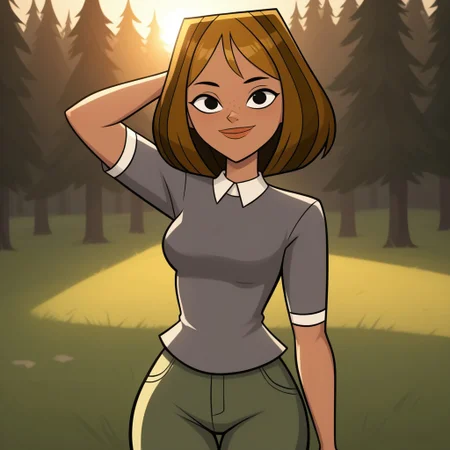 score_9, score_8, BREAK, solo, brown hair, black eyes, lips, collared shirt, grey sweater, short sleeves, green pants, dark skin, freckles, breasts, Total Drama, Courtney_(Total_Drama), sexy pose, smile, outdoors, sunlight, shadows, evening lighting, natural lighting, forest, trees, grass, orange sky, sunset