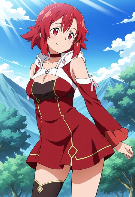 anime screencap, anime coloring, detailed face, masterpiece, best quality, very aesthetic, absurdres, volumetric lighting, official style, amazing quality, ultra detailed, highres, amazing quality, 1girl, solo, <lora:Izetta [Illustrious] Izetta The Last Witch:1>, Izz, red eyes, red hair, short hair, hair ornament, red choker, red dress, hooded dress, detached sleeves, red sleeves, single thighhigh, black thighhighs, outdoors, smile, blue sky, standing,