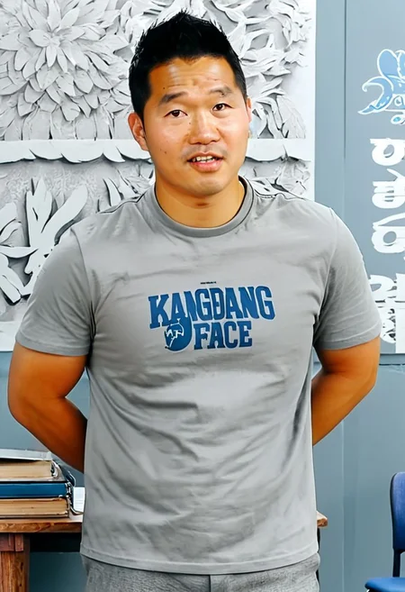 (((htkangface))), daddy, natural face expression, (((detailed HtKangface))), fixed htKangface Photorealistic, realistic, masterpiece, intricate details, detailed background, depth of field, photo of a handsome, dynamic pose, natural face expression, (((looking at viewer))), high detail, high quality, male focus, ((T shirt)), ((pants)), ((confident)), ((classroom background))