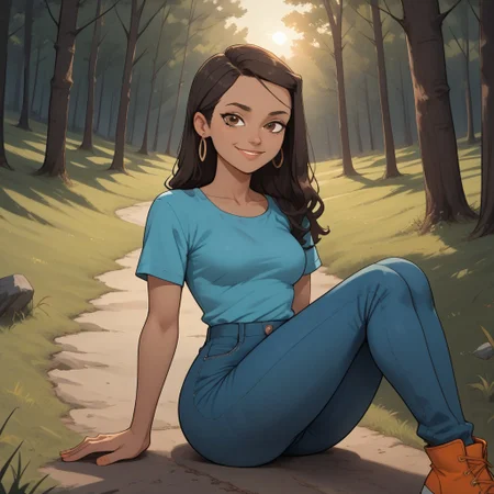 score_9, score_8, BREAK, solo, cyan shirt, 1girl, jeans, dark brown hair, hair buckle, long hair, earrings, dark skin, brown eyes, orange footwear, lips, breasts, total drama, Priya_(Total_Drama), sexy pose, self portrait, smile, outdoors, sunlight, shadows, evening lighting, natural lighting, forest, trees, grass, orange sky, sunset
