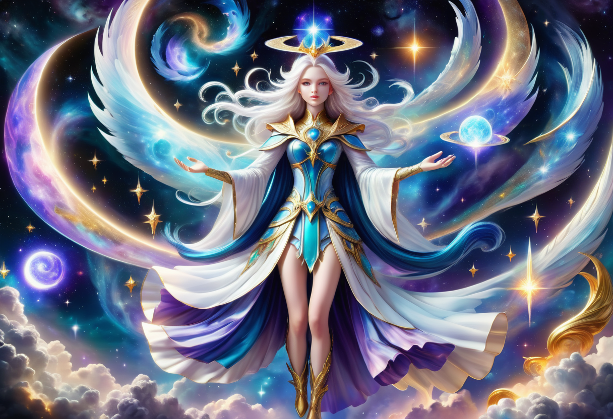 hyper detailed masterpiece, dynamic, awesome quality,  airy celestial DonMM4g1cXL magic, sorceress <lora:DonMM4g1cXL:1>