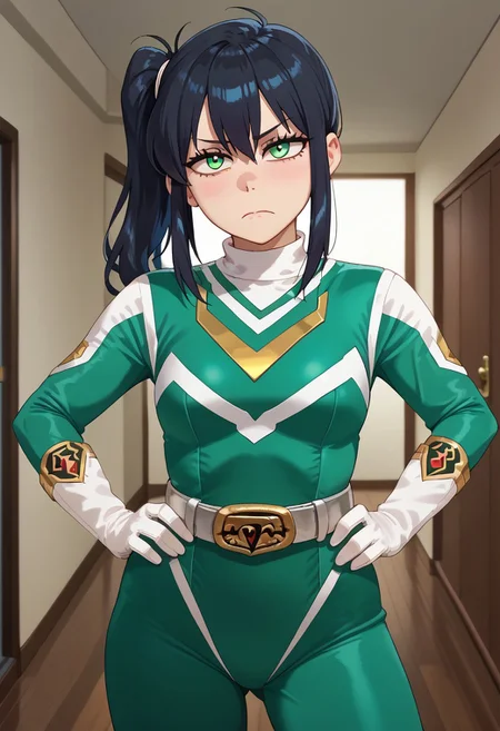 score_9, score_8_up, score_7_up, BREAK,
1girl, solo, sentaisaintforce, green bodysuit, silver belt, white gloves, spandex, wing-shaped chest symbol, helmet removed, no headwear, 1girl, reneegr, black hair, ponytail, sidelocks, long hair, green eyes, jitome, bags under eyes, BREAK,
cowboy shot, frown, looking at viewer, standing, hand on hip, indoors, hallway