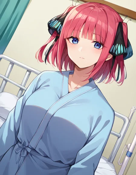 score_9, score_8_up, score_7_up, source_anime,
ninonakano, <lora:nino-nakano-pruned-ponyxl-lora-nochekaiser:1>,
nino nakano, short hair, bangs, hair ornament, hair ribbon, pink hair, blunt bangs, two side up, butterfly hair ornament, mature female,
<lora:hospital-gown-ponyxl-lora-nochekaiser:1>, hospital gown, bed, hospital bed, standing, intravenous drip,
looking at viewer, cowboy shot, dutch angle,
