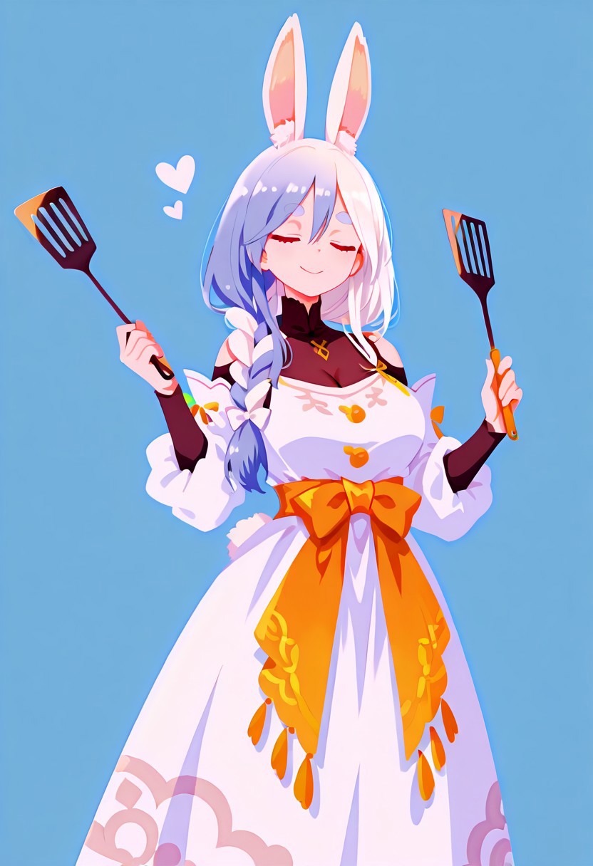masterpiece,best quality,amazing quality, solo, p4k0mm, closed eyes , smile,rabbit girl, animal ear fluff, large breasts, red eyes, short eyebrows, thick eyebrows, multicolored hair, blue hair, white hair, long hair, hair between eyes, braided ponytail, white hair bow,holding a Spatula,bodystocking, shoulder cutout, white dress, long dress, see-through cleavage, dress bow, orange bow, detached sleeves, 
simple background, blue background,love symbol,haiz_ai, no lineart,no outline ,<lora:ponyv6_noobE11_2_adamW-000017:0.3> <lora:MeMaXL4:0.8> <lora:veluflora-wai:0.4> <lora:haiz_ai_illu:0.7>,