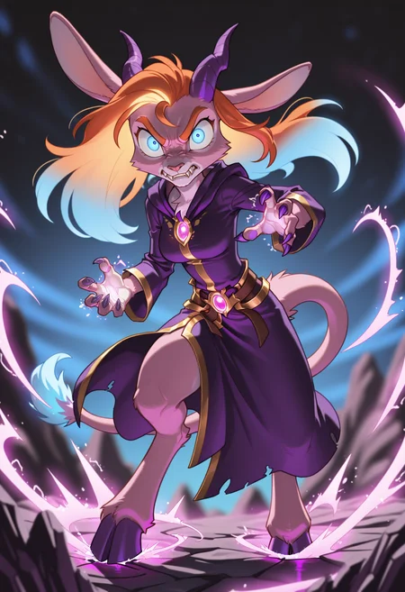 best quality, newest, absurdres, highres, depth of field, blurry background, (1girl, solo):2, (dynamic pose):2, milf, serious, cute face, (pink magic), magic aura, hands glowing pink, fantasy outfit, fighting, black and gold wizard robes, shooting magical blasts, glowing eyes, 
<lora:ponyv6_noobV1_2_adamW:0.5>, 
<lora:Vhenra2:1> vhenra, gradient hair, pink fur, purple horns, rabbit ears, blue eyes, long hair, anthro, orange hair, blue hair, fangs, orange eyebrows, glowing hair, purple claws, hooves, lion tail with blue tip, 
<lora:Fran_Cervice_IL:0.3> fran cervice,
<lora:illustrious_flat_color_v2:0.3>
<lora:Dreamkeepers_Mace_Illustrious:0.7> Mace