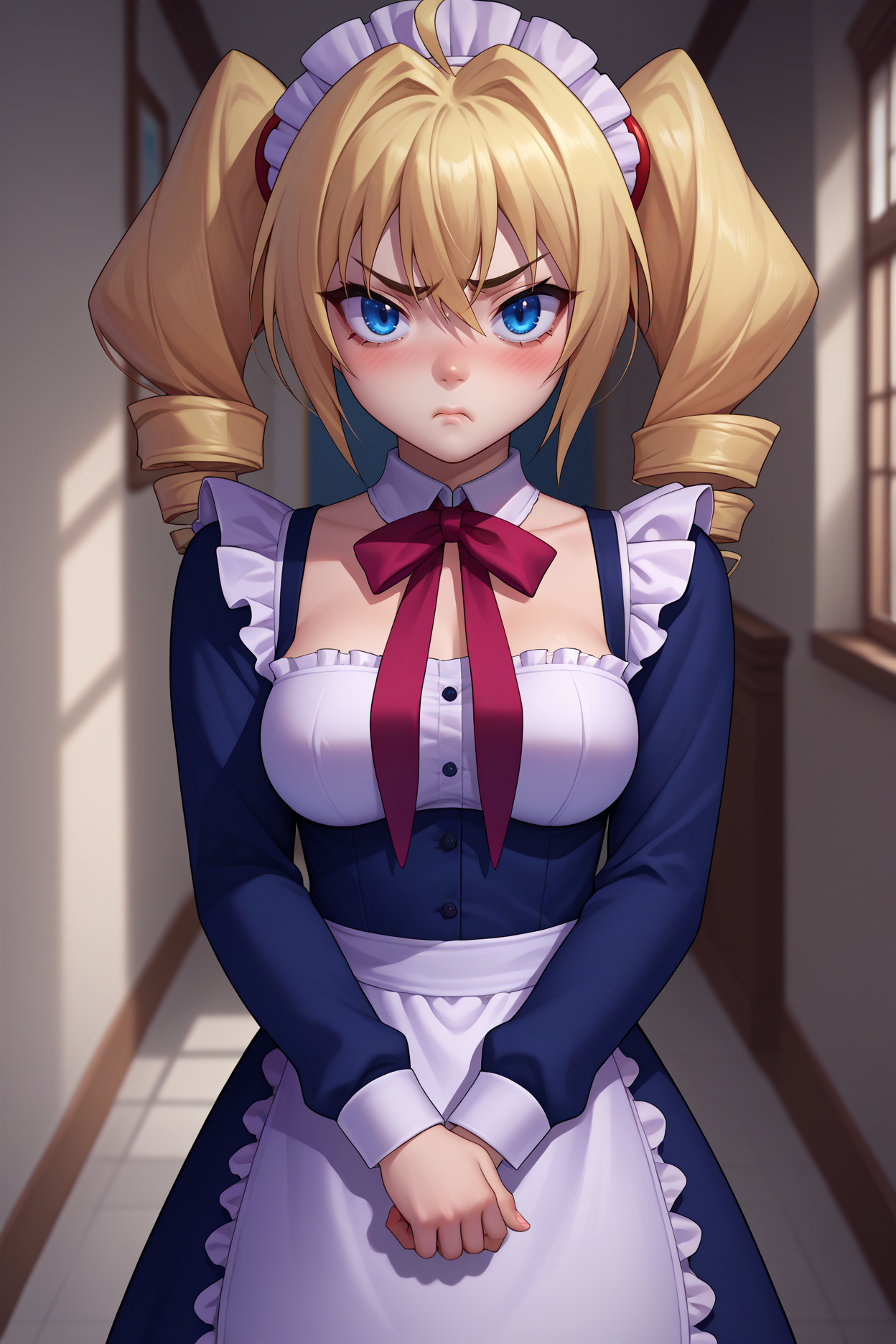 score_9, score_8_up, score_7_up, score_6_up, source_anime BREAK 1girl, solo <lora:ravelphenex-pdxl-nvwls-v1-000004:1> dxdRP, blonde hair, ahoge, twin drills, blue eyes, breasts, maid dress, maid headdress, pout, looking at you, blush, hallway, mansion