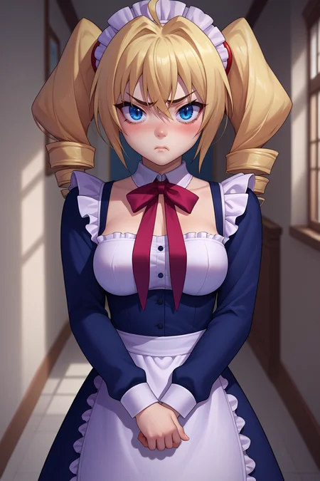 score_9, score_8_up, score_7_up, score_6_up, source_anime BREAK 1girl, solo <lora:ravelphenex-pdxl-nvwls-v1-000004:1> dxdRP, blonde hair, ahoge, twin drills, blue eyes, breasts, maid dress, maid headdress, pout, looking at you, blush, hallway, mansion