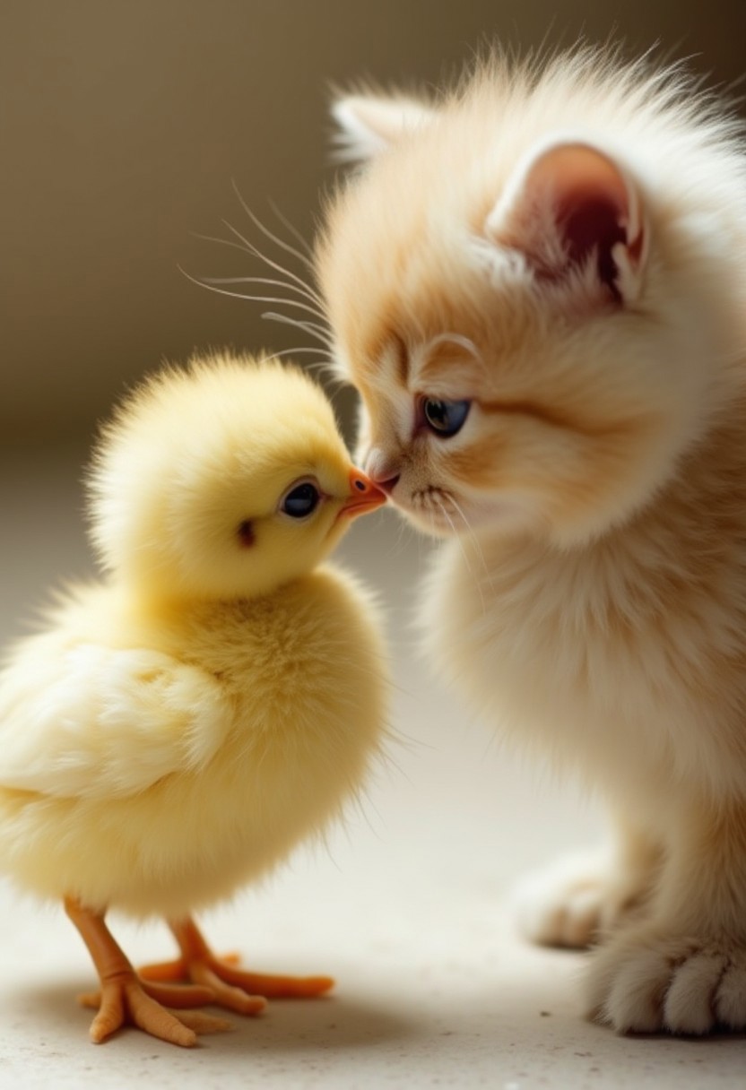 A fluffy yellow baby chick, a cute fluffy kitten soflty patting the baby chick's head in curiosity
