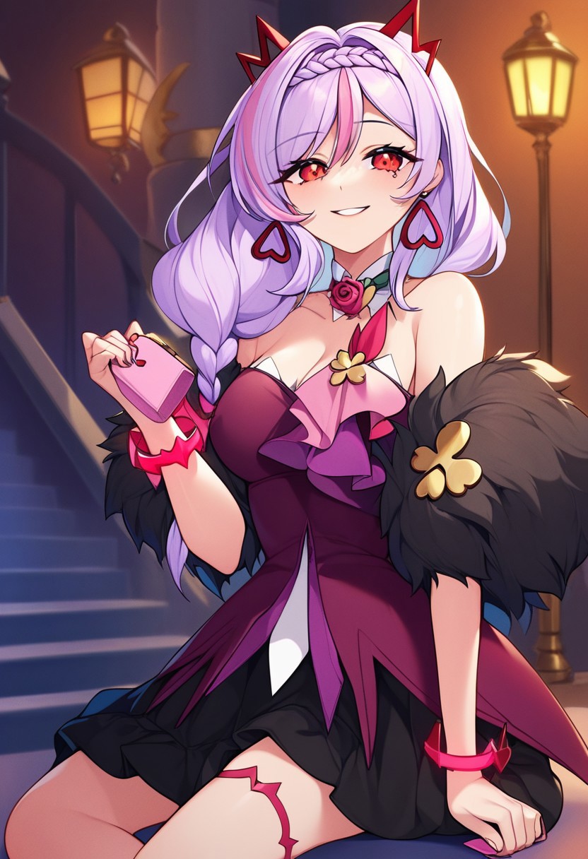 (masterpiece, best quality), absurdres, (masterpiece), best quality, game cg,  absurdres, anime style, newest, score_9_up, score_8_up, score_7_up, score_6_up, score_5_up, score_4_up, score_3_up BREAK (masterpiece, best quality), absurdres, long eyelashes, BREAK E7_Abigail, solo, town, smile, holding bag