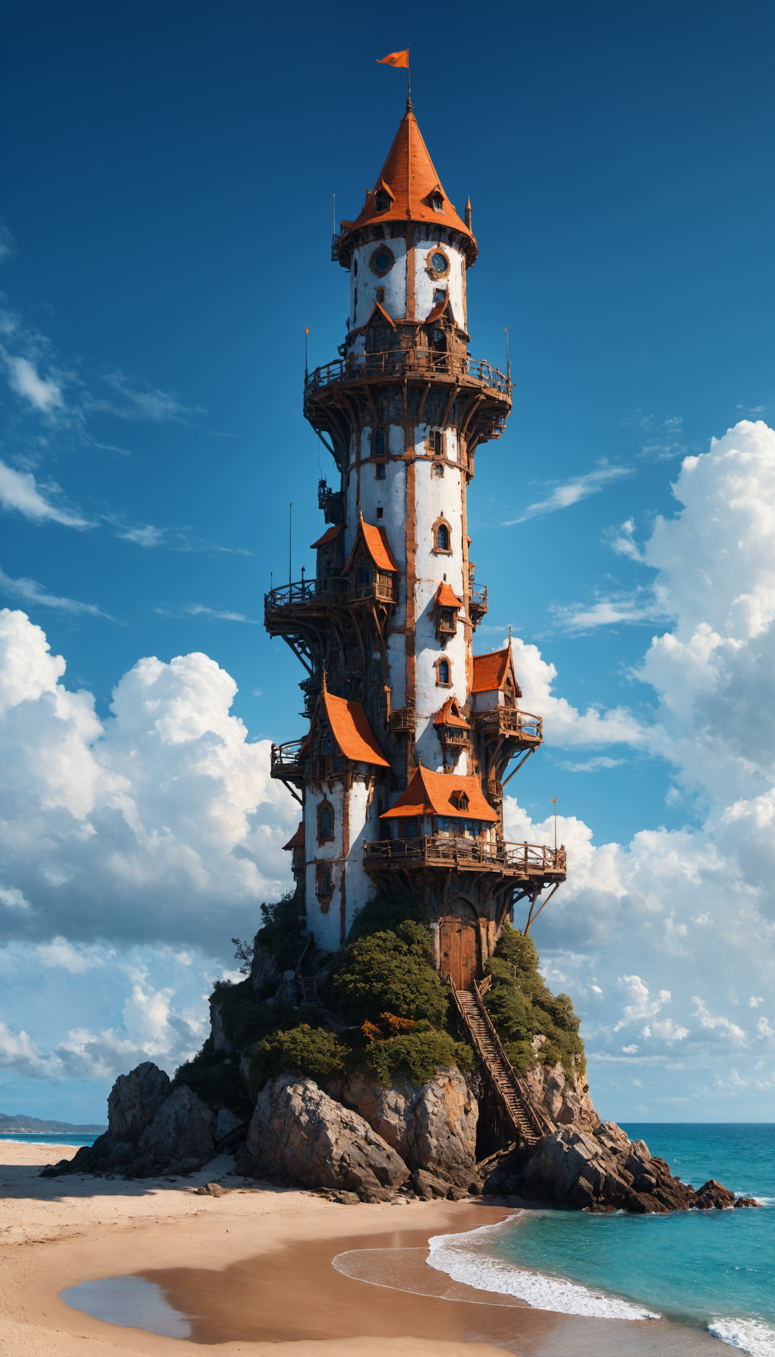 A tall Wizard tower on a beach, on a deserted island, in the style of precise, detailed architecture paintings, mecha anime, industrial-inspired, dark white and orange, i can't believe how beautiful this is, fragmented planes, sky-blue, deep aesthetic, intricate, highly original, innocent, alive, enhanced, sharp focus, rich cinematic quality, dramatic light