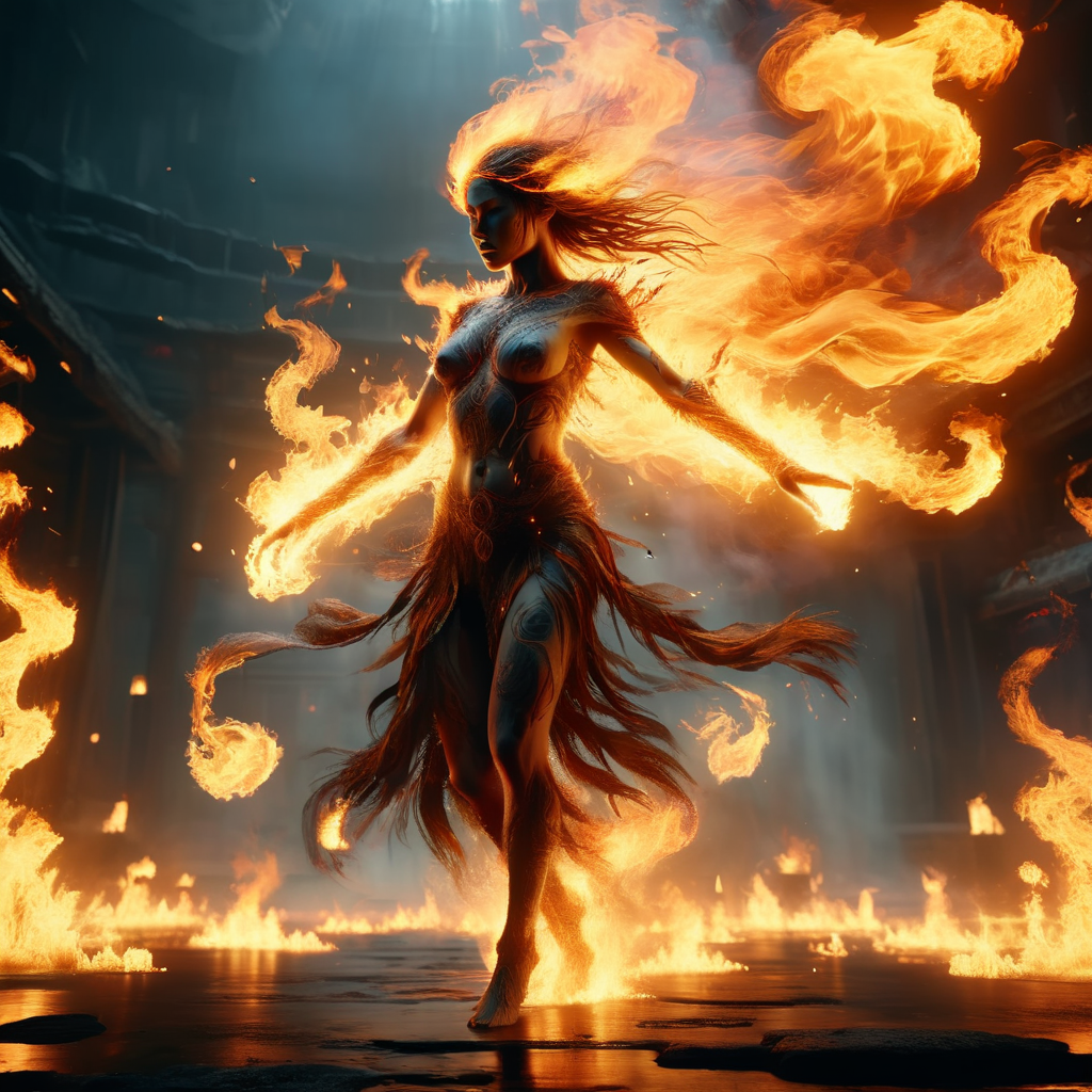 ignar a shaman girl dancing in flames with fiery spirits, dark, cinematic, enigmatic, photorealistic, very detailed<lora:ignar:1>