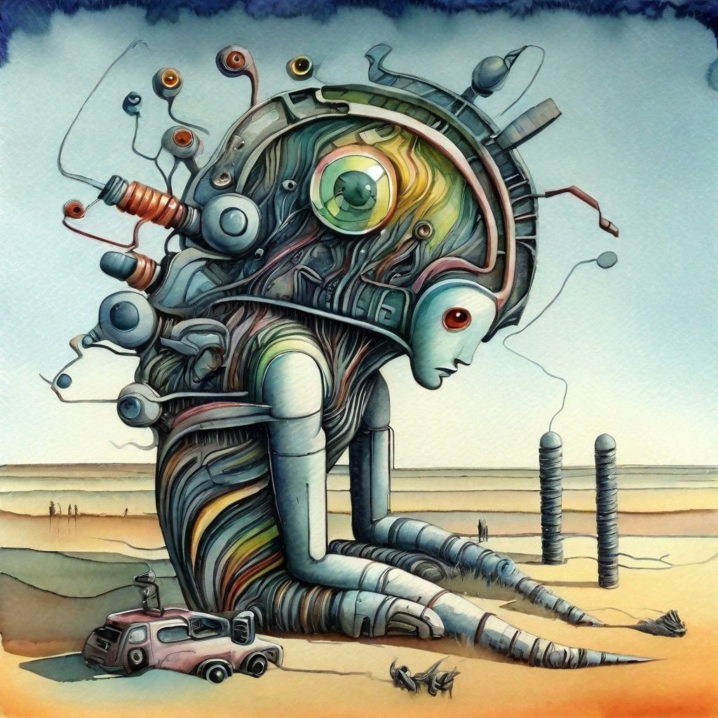 surreal, expressive,biomorph,,watercolour,primary but complimentary  colours ,epic futuristic ,landscape  , inhabited by bio trans sapients ,masterpiece, 8k , tilt shift