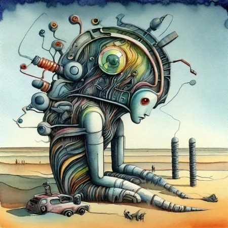 surreal, expressive,biomorph,,watercolour,primary but complimentary  colours ,epic futuristic ,landscape  , inhabited by bio trans sapients ,masterpiece, 8k , tilt shift