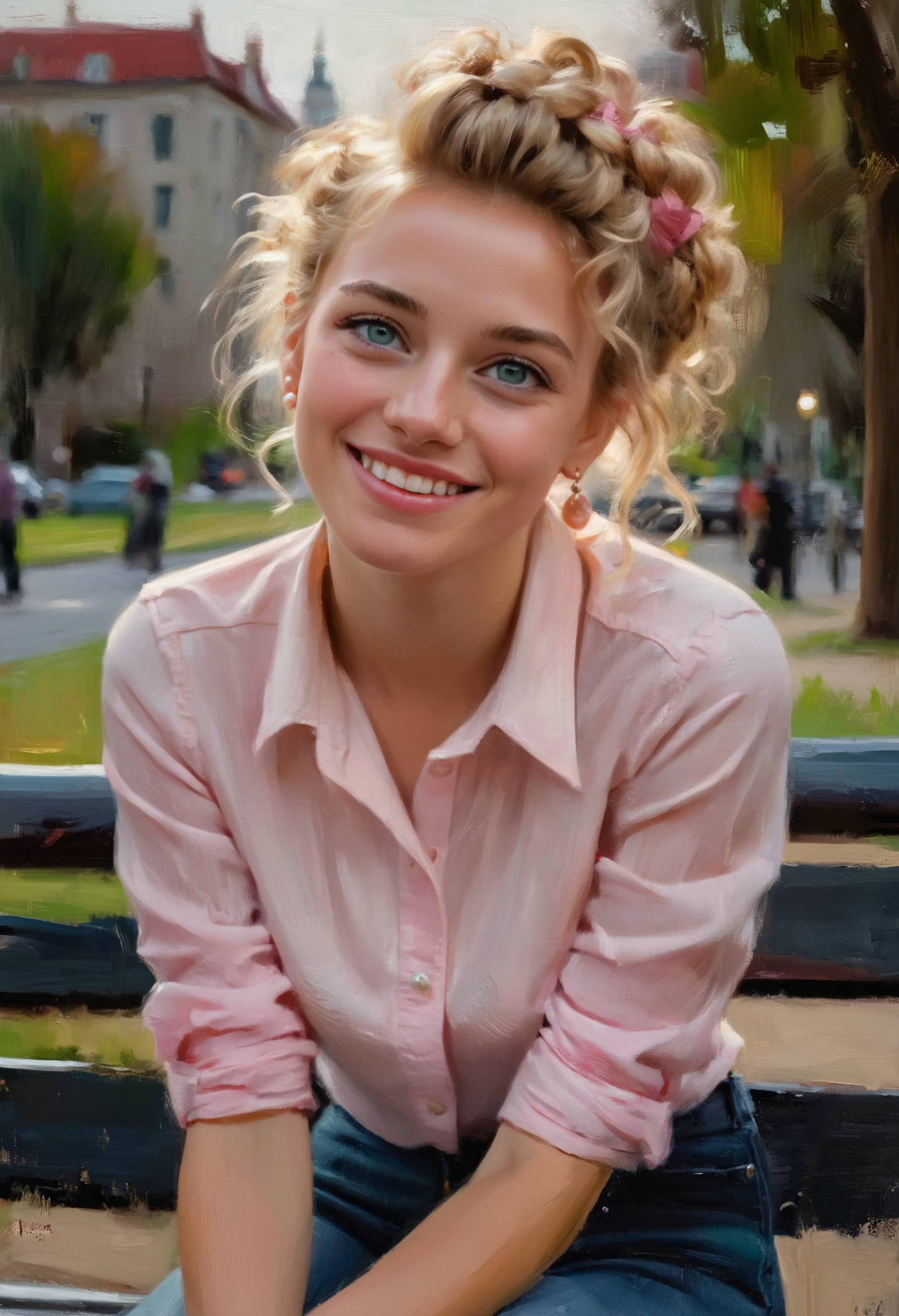(impressionistic realism by csybgh), a cute young curly blonde, ambitious, intelligent, joyful yet troubled, failed politician, eccentric and punkish, greenish blue eyes, wearing a pink blouse, braided updo hairdo, small subtle pearl earrings, cute insecure teethy smile, dreamy appearance, she is seated on a bench in a park in a large city, petite almost frail build, wearing tight skinny blue jeans, her expression is charming loving and filled with admiration, pretty, masterpiece, 8k, hyper detailed, impasto painting, rough brushwork, palette knife painting, visible canvas texture