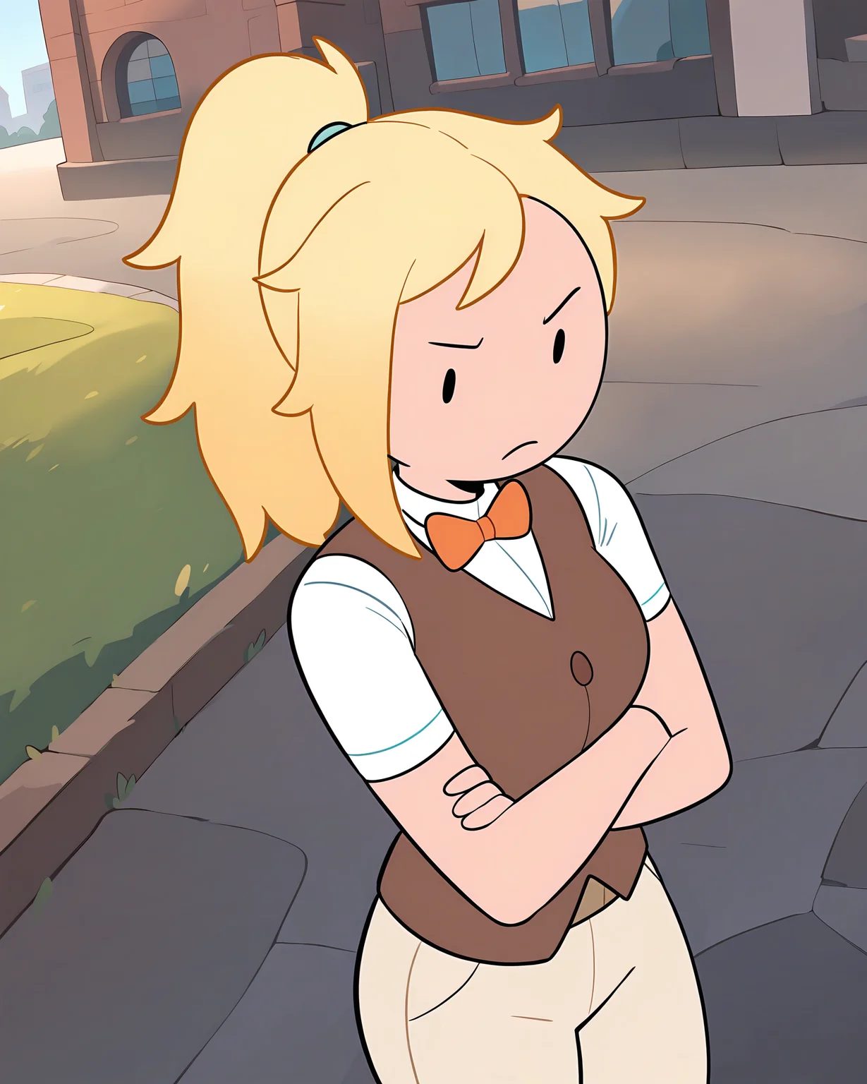 masterpiece, best quality, newest, absurdres, highres, dynamic angle, outdoors, urban
1girl, Fionna, messy hair, ponytail, crossed arms, frown, brown vest, white shirt, short sleeves, orange bowtie, beige pants, , <lora:Fionna_ILL:1>