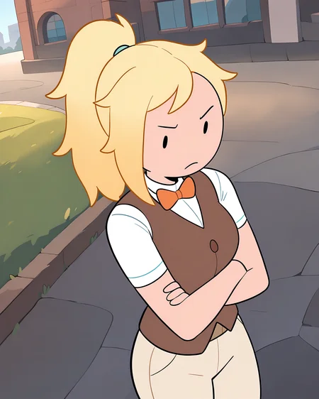 masterpiece, best quality, newest, absurdres, highres, dynamic angle, outdoors, urban
1girl, Fionna, messy hair, ponytail, crossed arms, frown, brown vest, white shirt, short sleeves, orange bowtie, beige pants, , <lora:Fionna_ILL:1>