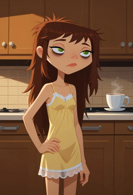 score_9, score_8_up, score_7_up, 1girl, solo,
brown hair, green eyes, hair down, long hair,
perfect hands, show accurate, perfect anatomy, med body,
indoors, small perky breasts, kitchen, hand on hip, loose clothing, wear only lace nightgown, holding a cup of coffee in hand, sleepy eyes, bags under eyes, loose clothes,