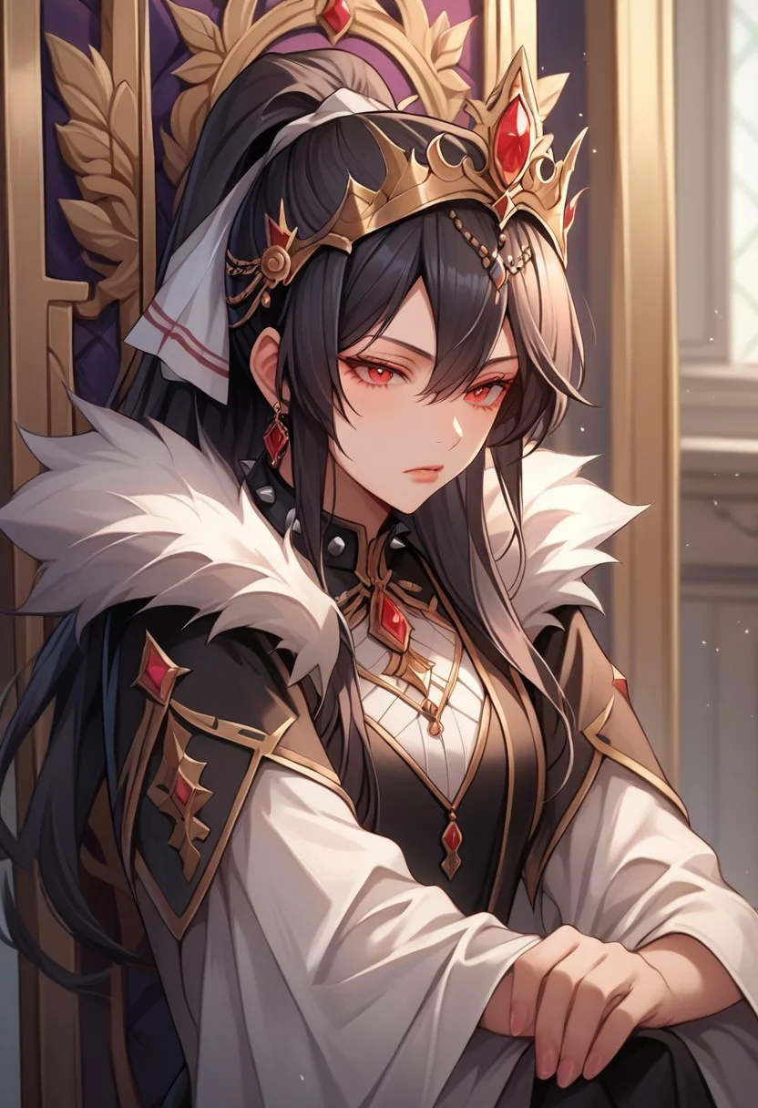 score_9, score_8_up, score_7_up, score_6_up, score_5_up, score_4_up, detailed, intricate details, source_anime, , (best quality) , (highly detailed) ,((masterpiece)), ((best quality)), (ultra-detailed), ((extremely detailed)), (high resolution), 4K, (8K), best quality, (beautiful), (dynamic lighting), (super detailed skin), sharp focus, (1_girl, solo focus), score_9,score_8_up,score_7_up,anime coloring BREAK source_anime,anime, theresia (hortensia saga),  long hair, hair between eyes, black hair, red eyes, sidelocks,  , ponytail, hair ribbon, Crown, veil, spiked collar, black dress, sitting, bored, indoors, throne, royal throne,
 detailed eyes、detailed face and detailed skin <lora:add-detail-xl:1.0>